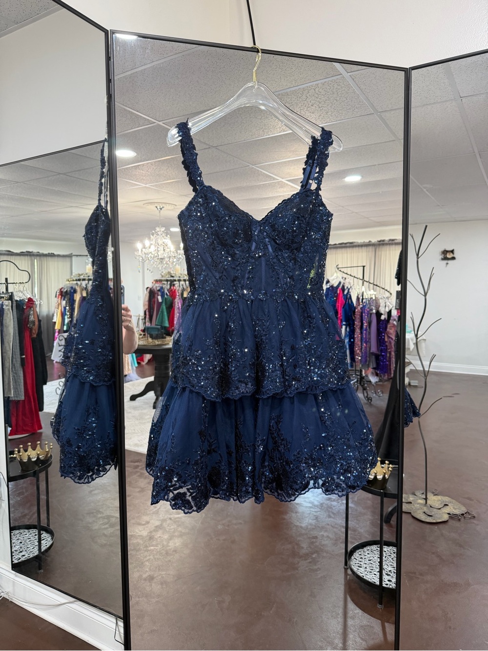 Blondie Nites Navy Sequin Tiered Cocktail Dress
